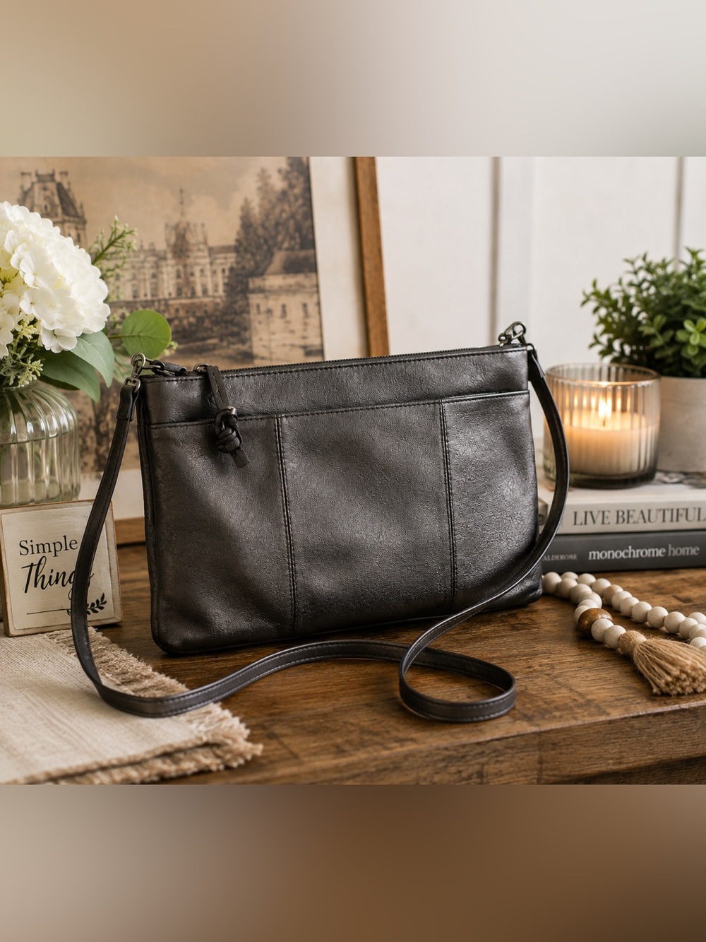 Marlo Genuine Leather Pewter Gray Crossbody Bag | Adjustable Strap Zip Top